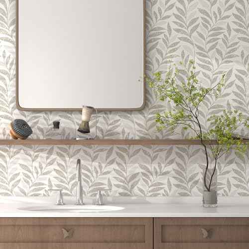 Leaf Peel and Stick Wallpaper Boho 17.3" X 78.8" Beige and White Wallpaper Self Adhesive Removable Wall Paper for Bathroom Kitchen Wallpapers Leaf Contact Paper for Walls Vinyl Roll
