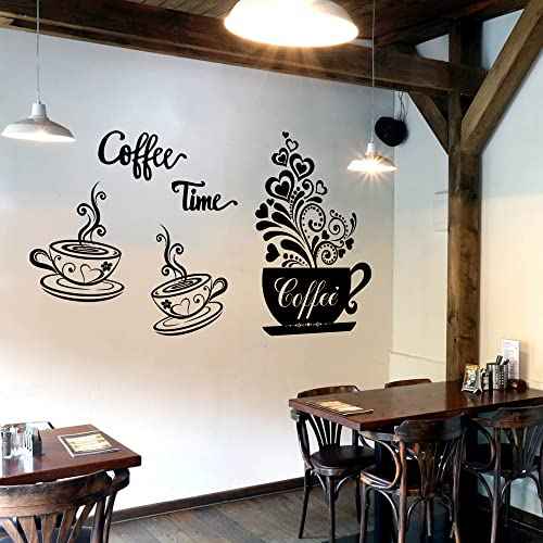 Vinyl Wall Decals - Kitchen Decor Stickers - Black Coffee & Tea Signs - Flower Wall Art - Removable DIY Coffee Sayings - Home Cafe Shop Bar Pub Office