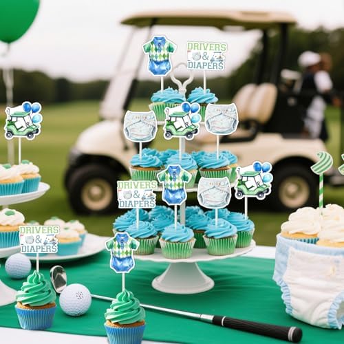 Cheereveal 24pcs Golf Baby Shower Party Cupcake Toppers, Drivers & Diapers Cake Decorations for Boys Green and Blue, Golf Sports Themed Gender Reveal Birthday Party Supplies
