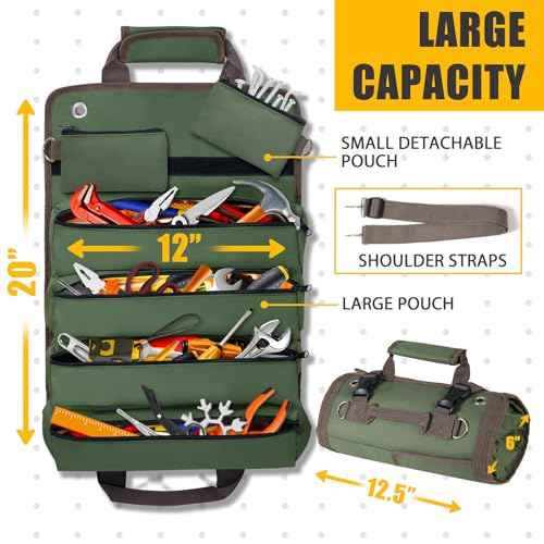 Roll Up Tool Bag, Heavy Duty Tool Organizer with 2 Detachable Zipper Pouches, Compact Durable Tool Storage for Men Women, Perfect for Handyman, RV Owners, Dad Birthday or Father¡¯s Day Gifts