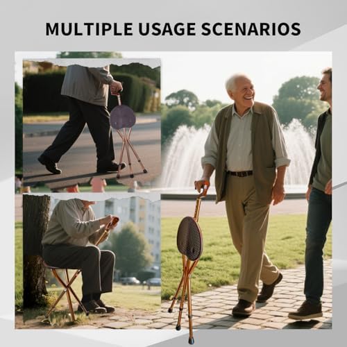 Folding Cane Seat Sturdy Lightweight Adjustable Handle Legs with LED Light Cushion for Elderly Walking Stick 300 lbs Large Plate