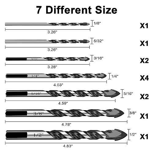 12Pcs Masonry Drill Bit Set, Concrete Drill Bit Set, 1/8 to 1/2 inch Professional Carbide Drill Bits Set for Glass, Brick, Plastic, Cement, Concrete, Granite, Wall, Wood, Tile Etc.