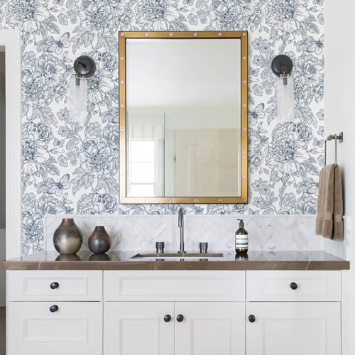 Navy Blue Floral Peel and Stick Wallpaper Boho 118inL 17.3inW Modern Contact Paper for Cabinets and Drawers Self Adhesive Removable Wallpaper for Bedroom Bathroom Waterproof Blue Contact Paper