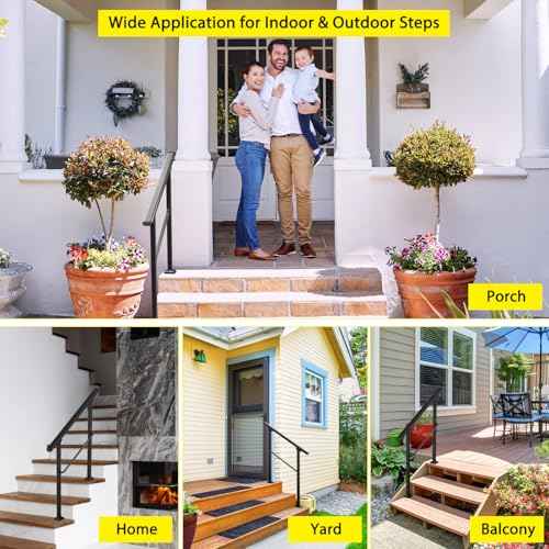 Signstek Handrails for Outdoor Steps, 3 Step Hand Rail Fit 2 or 3 Steps Outdoor Stair Railing, Metal Porch Railing, Deck Handrail, Black Wrought Iron Hand Rails kit for Concrete, Porch Steps, Upgrade