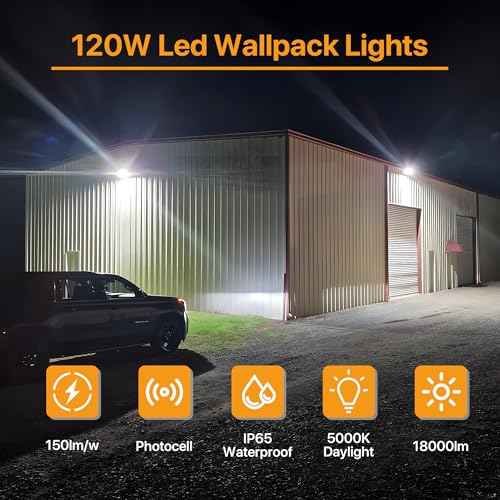 120W LED Wall Pack Light with Dusk to Dawn Photocell 18,000LM(150LM/W) Wall Mount Flood Light Outdoor IP65 Waterproof 5000K Led Security Commercial Area Lighting for Yard, Garage, Barn