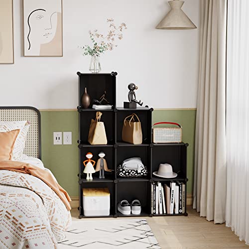 C&AHOME Cube Storage, 9-Cube Bookshelf, Plastic Closet Cabinet Organizer, DIY Stackable Bookcase, Modular Shelving Units Ideal for Home, Office, Kids Room, 36.6" L x 12.4" W x 48.4" H Black SHS3009A