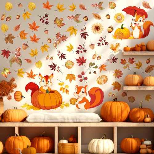 107 Pcs 6 Sheets Thanksgiving Fall Leaves Wall Decals Squirrel Acorn Pumpkin Autumn Wall Decals Peel and Stick Removable Wallpaper Thanksgiving Stickers for Window Living Room Home