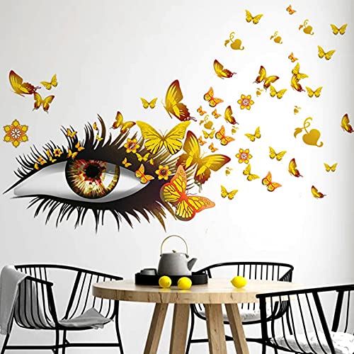 Creative Beautiful Girl Eyes Wall Sticker, Flying Butterfly Wall Decals, Girl Long Eyelashes Heart D?cor, DIY Art Vinyl Mural for Couple Lovers Girls Bedroom Living Room Decoration(Yellow)