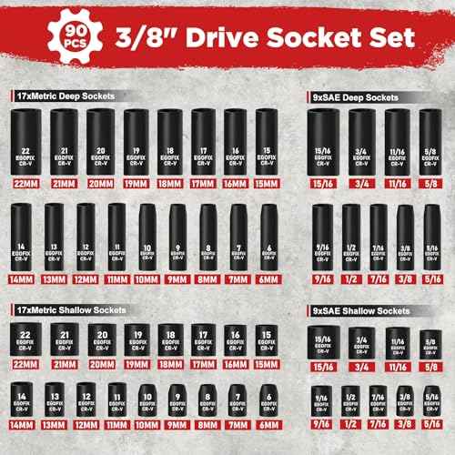 3/8" Drive Impact Socket Set, 90 Piece Metric Socket (6-22mm) and Standard SAE Size (5/16-15/16 inch) 6 Point, with 72-Teeth Ratchet Wrench, Mechanics Tool Kit for Automotive Repair