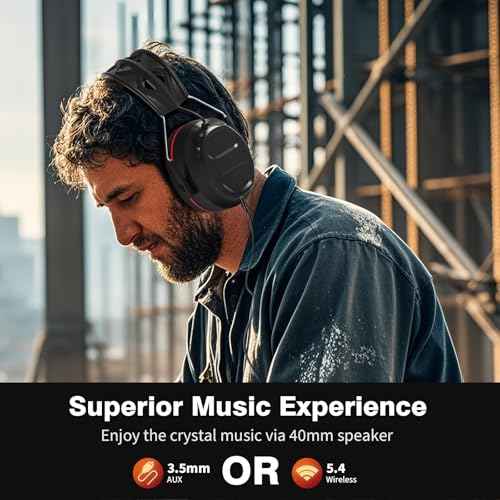 Bluetooth 5.4 Hearing Protection Headphones with 1200mAh Rechargeable Battery, 120H Working Time, 30dB SNR, Ear Muffs with Larger Buttons for Easy Operation, Superior Stereo Sound Quality Black-Red