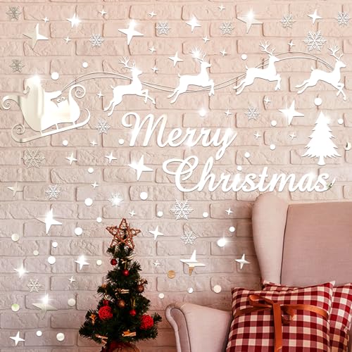 Christmas Mirror Decals Stickers Merry Christmas Santa Claus Reindeer Snowflakes Window Mirror Clings Xmas Acrylic Wall Art Decals Decor for DIY Holiday Winter Party Home Window Decor