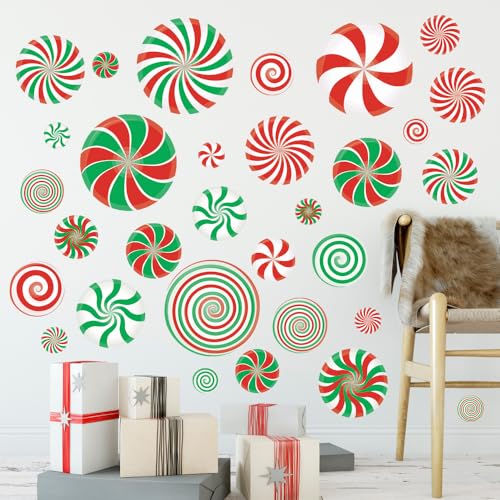 Christmas Holiday Decorations, Red and Green Swirl Candy Cane Peppermint PVC Wall Decals, 64 Pieces