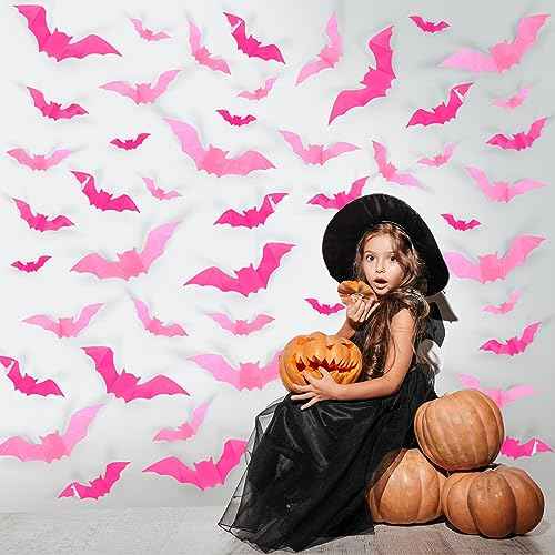 Whaline 112Pcs Halloween Wall Decoration 3D Bats with Foam Adhesive Pink and Rose Red Waterproof Spooky Bats Stickers Hocus Pocus Party Supplies for Halloween Home Wall Window Door Decor, 4 Sizes