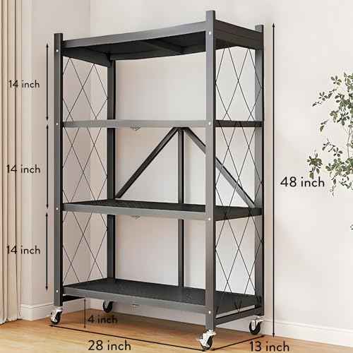 4-Tire Storage Shelves Organizer, Foldable Metal Garage Shelving, Portable Closet Shelving Unit, 28" x 13" x 48" Kitchen Bakers Rack Microwave Stand on Wheels (Tiered Shelf-4)