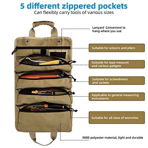 Roll Up Tool Bag, Koolertron 4 Zippers Water Resistant Wrench Tool Organizer, 900D Oxford Cloth Multi Pockets Storage for Mechanic/Electrician, Ideal Gift for Him, Khaki