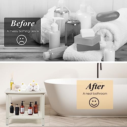 HDPE Shower Bench, Shower Stool with Storage Shelf 2-Tier Spa Stool for Inside Shower,Water Resistant & Non-Slip Design Shower Seat (White L Size)