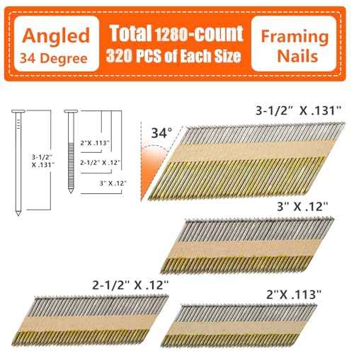 34-30 Degree Framing Nails 4 Sizes (2"+2-1/2"+3.0" Ring+3-1/2" Smooth), D Head Hot Dipped Galvanized Paper Tape Strip Nails, 320 PCS per Size, 1280 Count, for 30 to 34 Degree Framing Nailer