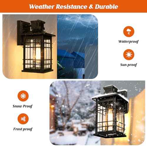 Motion Sensor Outdoor Wall Light Black, Dusk to Dawn Outside Porch Light Fixture Wall Mount, Waterproof Exterior Light Fixture with Seeded Glass, Matte Black Wall Sconce Lantern for House Patio Garage