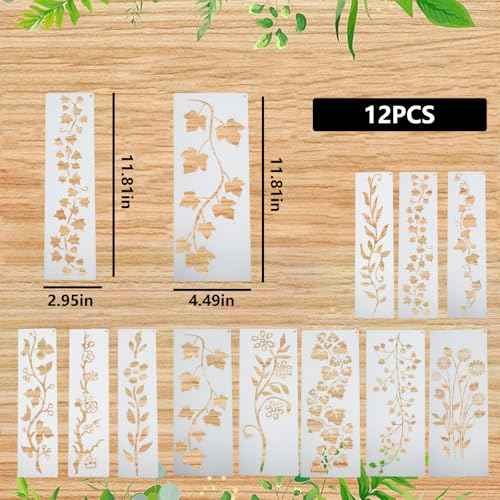12pcs Vine Border Stencil Leaf Stencils for Painting, Reusable Floral Drawing Templates for DIY Crafts on Wood, Canvas, Furniture, and Home Decoration
