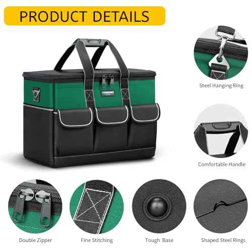 Tool Bag, 14-inch Wide Mouth Tool Storage Organiser, 600 Denier with 6 Interior 8 Exterior Pockets for Home DIY & Equipment Storage, Green and Black (14 inch)
