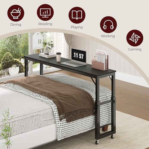 Overbed Table with Wheels, Queen Size Mobile Bed Desk with Adjustable Height, Rolling Table, Dining Table, Computer Desk, for Bedroom, Living Room, Office, Black MTBK18001
