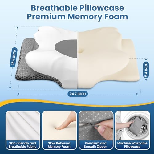 Ergonomic Contour Cervical Neck Pillow for Neck & Shoulder Pain Relief, Memory Foam Pillow for Side/Back/Stomach Sleepers, Skin-Friendly & Breathable Pillowcase