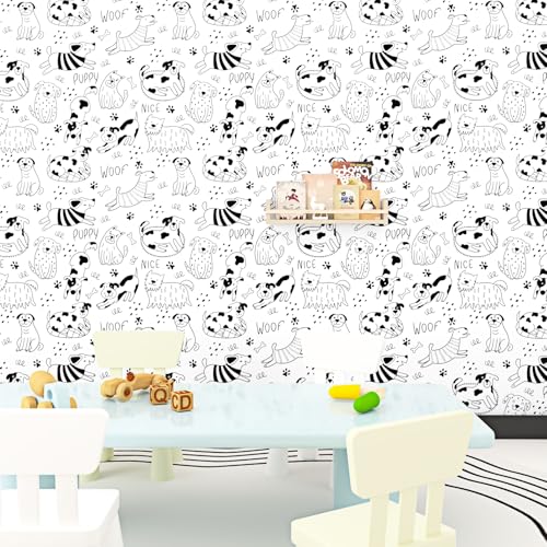Black and White Dog Wallpaper Peel and Stick White Contact Paper Animal Nursery Wallpaper Fun Puppy Self Adhesive Contact Paper for Walls Kids Room Bedroom Cabinet Liner Dog Decor 17.5"x102"