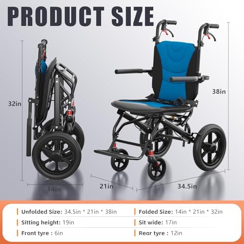 Lightweight Foldable Transport Wheelchair for Adults & Seniors - 12” All Terrain Wheel, Double Handbrake, Holds 220 LBS, Portable for Travel & Daily Use Chairs