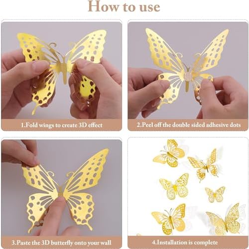 3D Butterfly Stickers for Graduation Caps, Wall Decorations, Birthday Party, Cake Decorations, Arts and Crafts Projects (Gold)