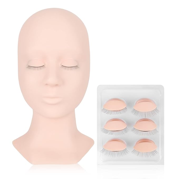 LASHVIEW Lash Mannequin Head,Replaced Eyelids Mannequin Head, For Lash Extension Practice, with 4 Pairs Replaced Eyelids, Makeup Soft-Touch Rubber Practice Head, White Color