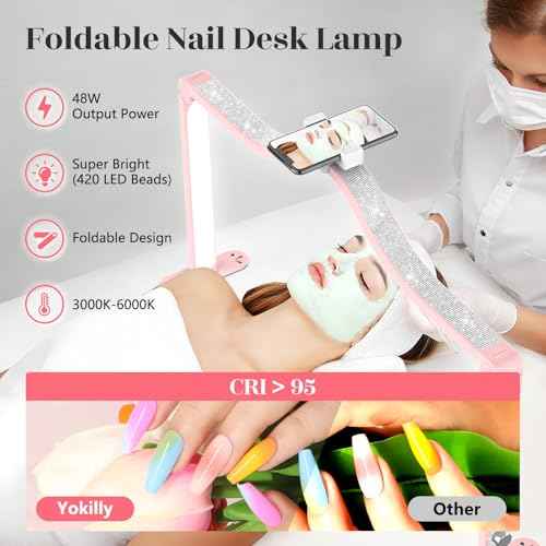 Yokilly Arc Half Moon Light: 34" Shadow-Free Half Moon Light for Desk Salon - Foldable LED Desk Lamp with Stepless Brightness for Manicurist (Pink)
