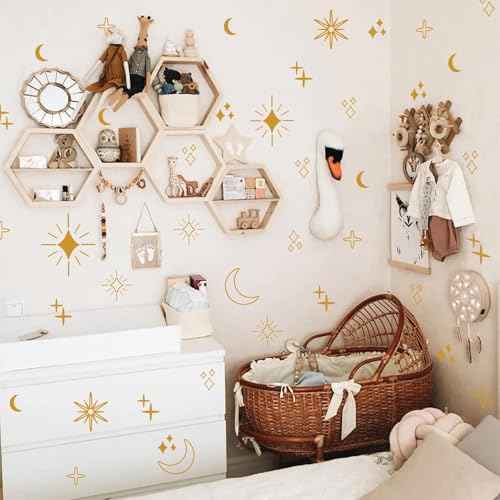 Large Gold Star Moon and Sun Wall Decal, Vinyl Starburst Wall Stickers Decor, Boho Wall Decals Peel and Stick for Kids Bedroom Home Nursery Classroom Decoration