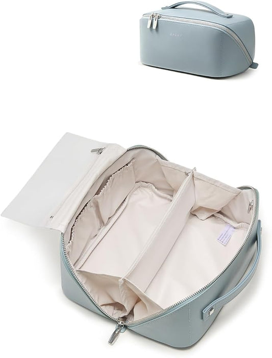 EACHY Travel Makeup Bag, Large Capacity Cosmetic Bag for Women, Waterproof PU Leather, Flat Open Portable Toiletry Bag for Skincare, Brushes & Travel Essentials