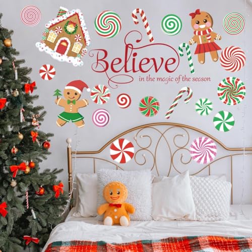 Runtoo Christmas Wall Decals Merry Christmas Peppermint Candy Cane Gingerbread Xmas Quotes Ornaments Window Clings Removable DIY Holiday Glass Floor Sticker Bedroom Door Decor
