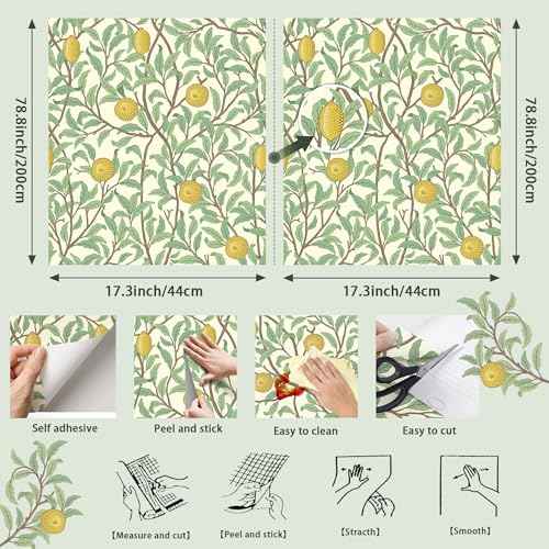 Lemon Wallpaper Leaf Peel and Stick Wallpaper Beige and Green 17.3"X78.8" Self Adhesive Wall Paper Removable Decorative Wallpapers Boho Contact Paper for Bedroom Bathroom Cabinets Decor Vinyl Roll