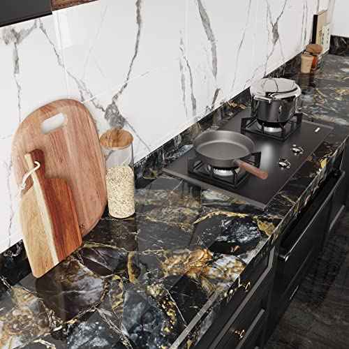 CRE8TIVE Glossy Slate Gold Marble Contact Paper Marble Wallpaper Peel and Stick Countertops for Kitchen Waterproof Self Adhesive Removable Marble Vinyl Paper for Counter Top Cabinets Shelves 12"x80"