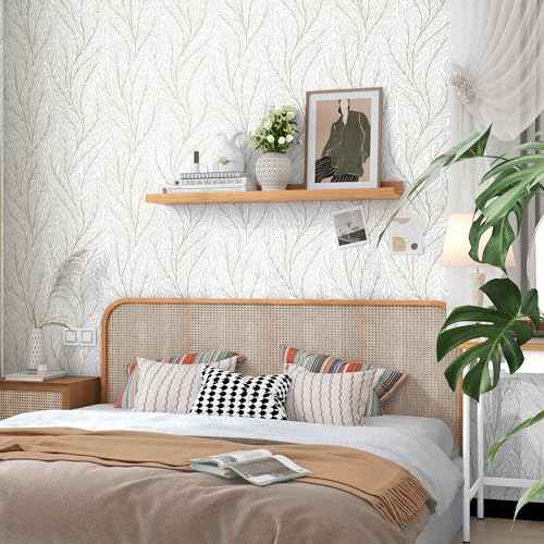 Leaf Peel and Stick Wallpaper Boho 17.3"x78.7" Plant Beige and White Wallpaper Removable Self Adhesive Wall Paper for Bedroom Beige Leaves Contact Paper for Cabinets Vinyl Film Roll