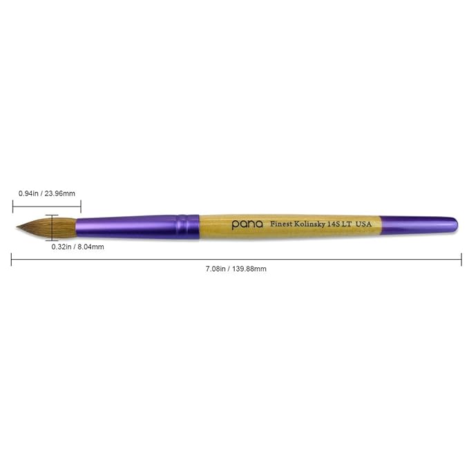 PANA Pure Kolinsky Hair Acrylic Nail Brush - Round Shape Purple Ferrule with Beige Wood Handle (Size 14) - Nail Brush for Acrylic Nail Application, Nail Extension, Manicure Pedicure Salon Beginner and