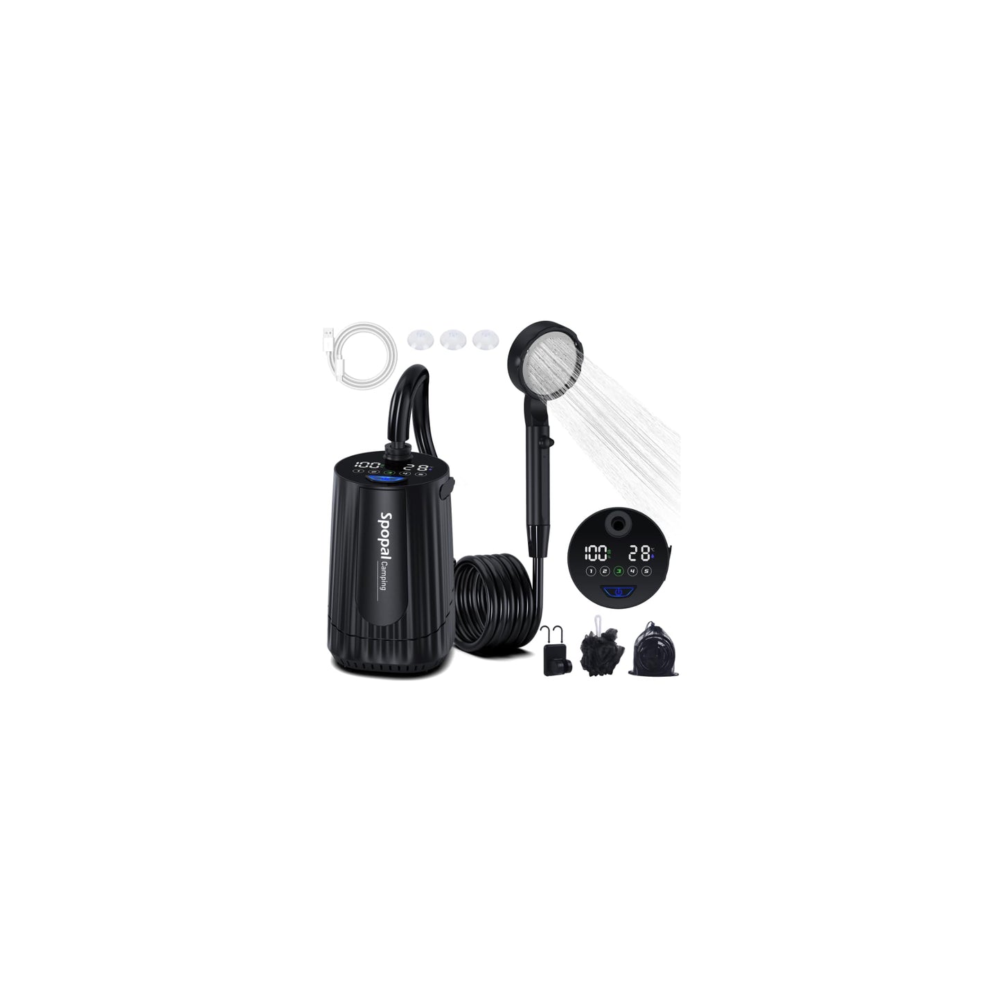 Portable Shower for Camping, [Upgraded] Spopal 10000mAh Rechargeable Camping Shower with 5 Adjustable Speeds,Premium LED Display, IPX8 Waterproof Outdoor Shower Kit for Hiking, Car, Pet, Travel (BK)
