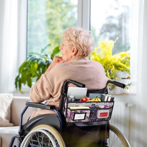 supregear Wheelchair Basket for Back, Large Capacity Wheelchair Backpack Organizer Bag with Multiple Pockets and Cup Holder, Waterproof Storage Pouch for Seniors, Floral Purple
