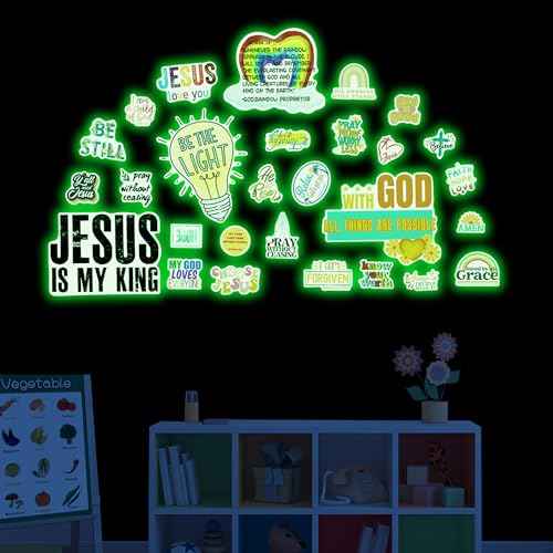 Jesus Christian Bible Wall Decals Glow in The Dark, Christ Faith Inspirational Motivational Room Decor, Positive Peel and Stick Wallpaper Kids Sticker