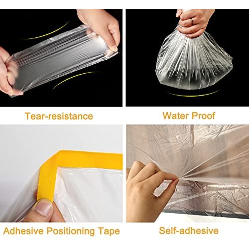 Muf 5 x 65 Feet Plastic Drop Cloth Plastic Sheeting with Masking Tape,Waterproof Protective Masking Film,Prevent Dust Paint for Car,Furniture,Carpet,Floor,1 Pack