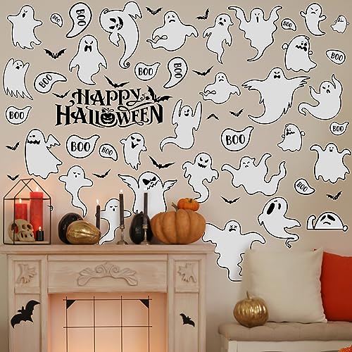 61 Pcs Halloween Ghosts Wall Stickers Decals Halloween Ghost Decorations for Home Room Windows Clings Fireplace Ceiling Kitchen Bedroom Decor Party Supplies