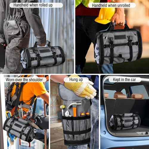 Tool Bag Roll Up Tool Organizer Bag Roll Up Tool Bag Organizer Tool Roll Bag with Small Detachable Tool Bags and Wrench Roll Up Pouch, Gifts for Men, Mechanic, Electrician, Grey