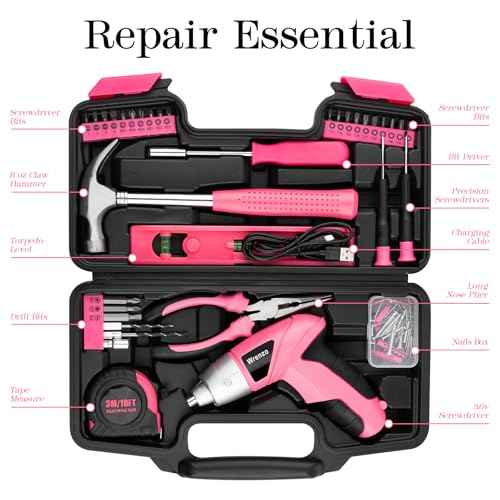 Drill Set, Cordless Drill, Small Tool Kit, 112pc 3.6V USB Tool Set, Tool Kit for Dorm, Cordless & Rechargeable, Pink Home Toolbox for Women, DIY Toolbox