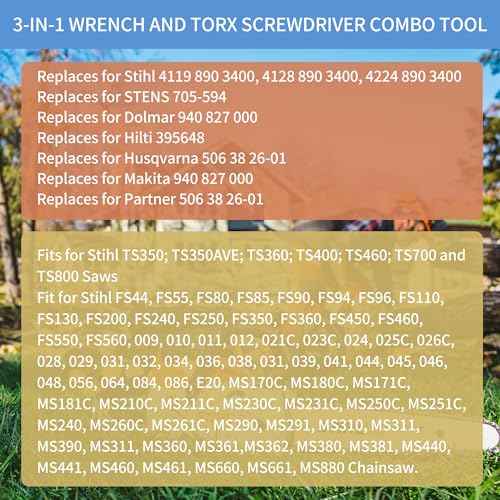 Combination Wrench 19mm x 13mm (3/4" x 1/2"), T-Wrench and T27 Torx Screwdriver Combination Chainsaw Tool, Fit for Stihl TS350, TS350AVE, TS360, TS400, TS460, TS700 and TS800 Cutquik Saws