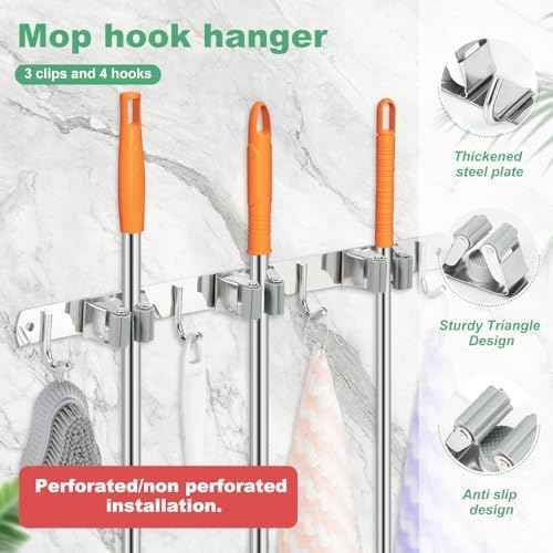 5Pcs 3 Racks 4 Hooks Stainless Steel Broom Mop Holder Anti Slip Wall Mount Broom Storage Rack Strong Load Bearing Waterproof Mop Broom Organizer for Bathroom Kitchen Garage