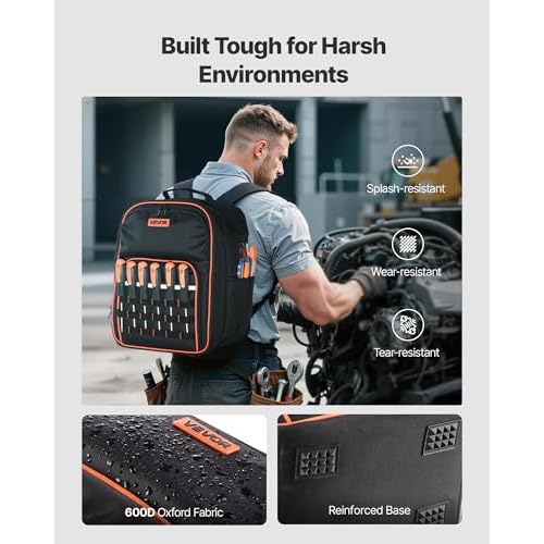 VEVOR Tool Backpack, 49 Pockets, Heavy-duty Tools Storage Organizer Work Bags Backpack with Laptop Compartment & Reinforced Fabric Base, Electrician Jobsite Backpack for Electrician, Repairman
