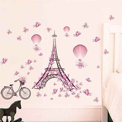 BIBITIME Romantic France Paris Eiffel Tower Wall Decals for Girls Room Flower Bike Butterflies Hot Air Balloon Vinyl Sticker Valentine's Day Wedding Couple Bedroom Home Art Mural DIY Peel and Stick