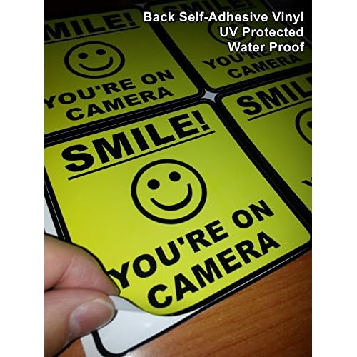 Outdoor/Indoor (4 Pack) 4" Wide X 4" high Home Business Smile You're ON Camera Yellow Window Door Warning Security Alert Sticker Decals **Back Self Adhesive Vinyl**